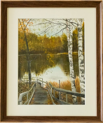 【横幅43cm】絵画「秋の池」作家:吉川浩 サイズ:46cm×55cm F6 画法:水彩 額付(壁掛け仕様)