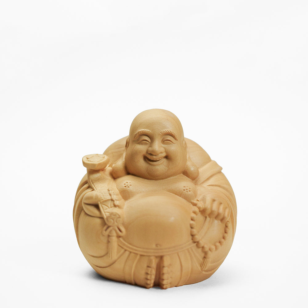 布袋 置物 縁起物 彫刻 根付 総高7cm】木彫り 丸布袋 樹種：柘植 / 布袋様 置物 縁起物 ※画像現品像