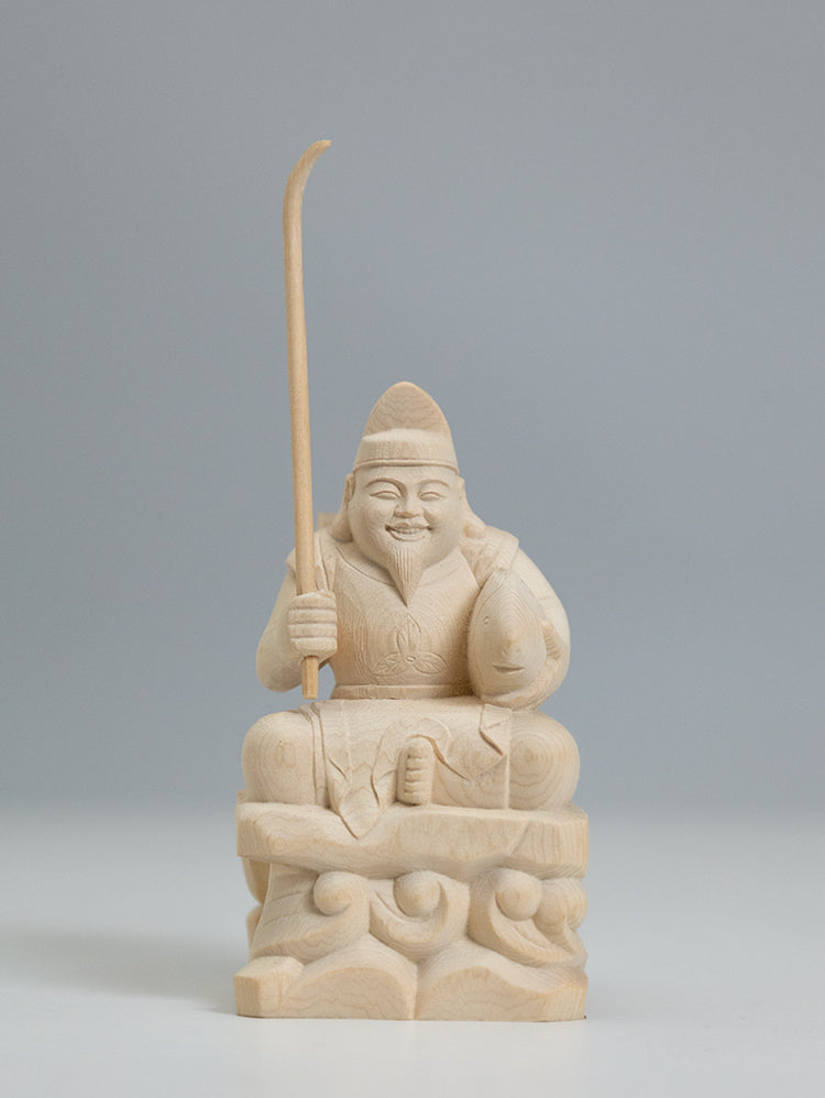 竿を含む総高13cm】恵比寿様 座像 木彫り 樹種：ひのき / えべっさん