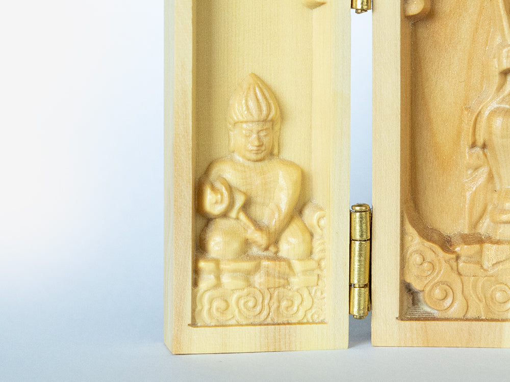 総高6cm】三開仏・役行者三尊像 木彫り 樹種：柘植 / 役小角 前鬼 後鬼