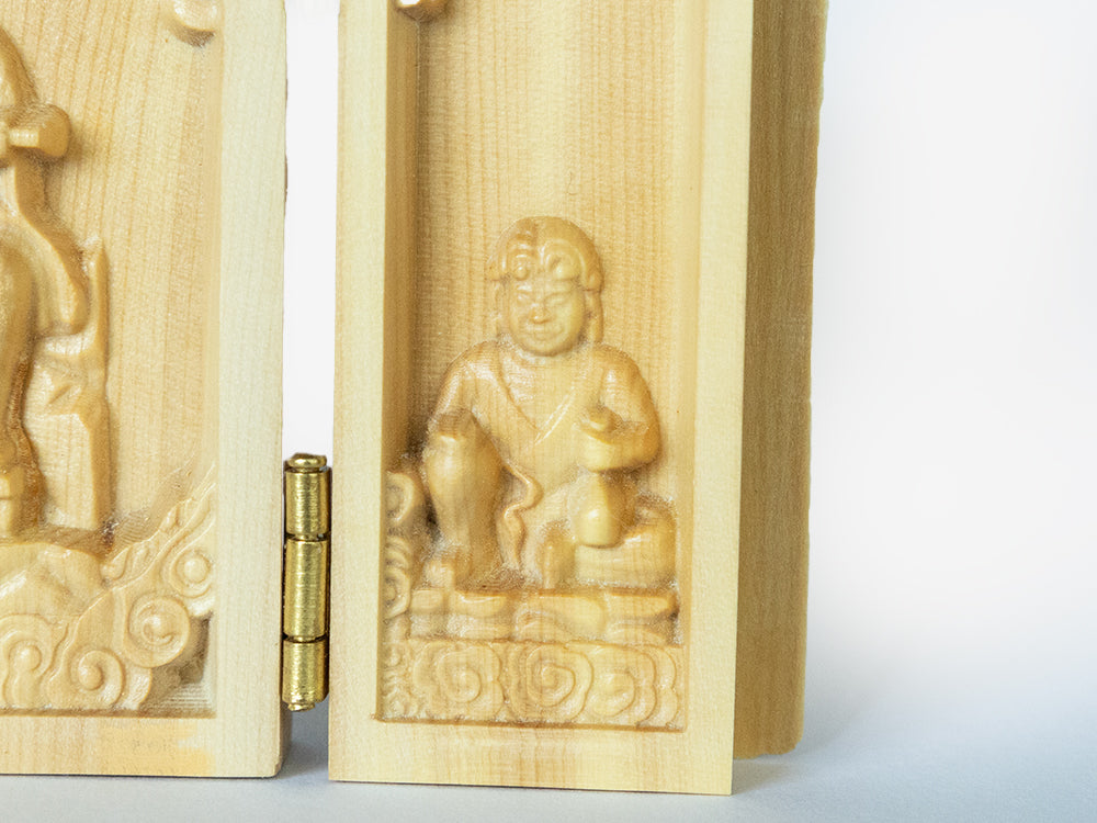 総高6cm】三開仏・役行者三尊像 木彫り 樹種：柘植 / 役小角 前鬼 後鬼