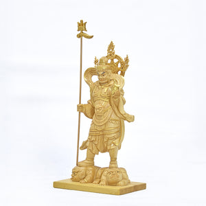 【総高13cm】毘沙門天立像 木彫り 樹種：柘植（つげ） / 置物 縁起物 ※画像現品像の発送です