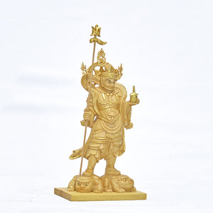 【総高13cm】毘沙門天立像 木彫り 樹種：柘植（つげ） / 置物 縁起物 ※画像現品像の発送です