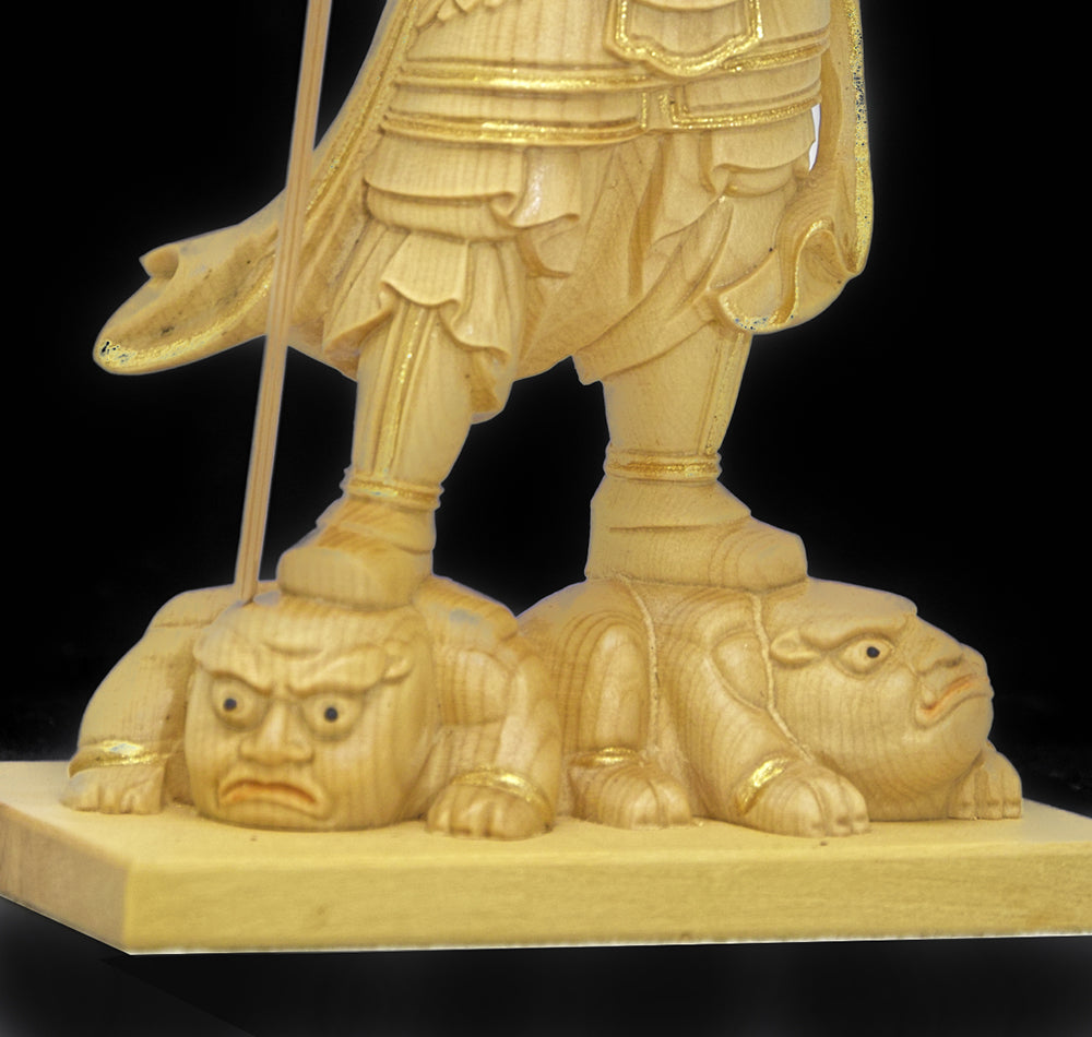【総高13cm】毘沙門天立像 木彫り 樹種：柘植（つげ） / 置物 縁起物 ※画像現品像の発送です