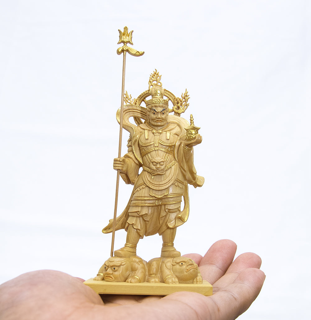 【総高13cm】毘沙門天立像 木彫り 樹種：柘植（つげ） / 置物 縁起物 ※画像現品像の発送です