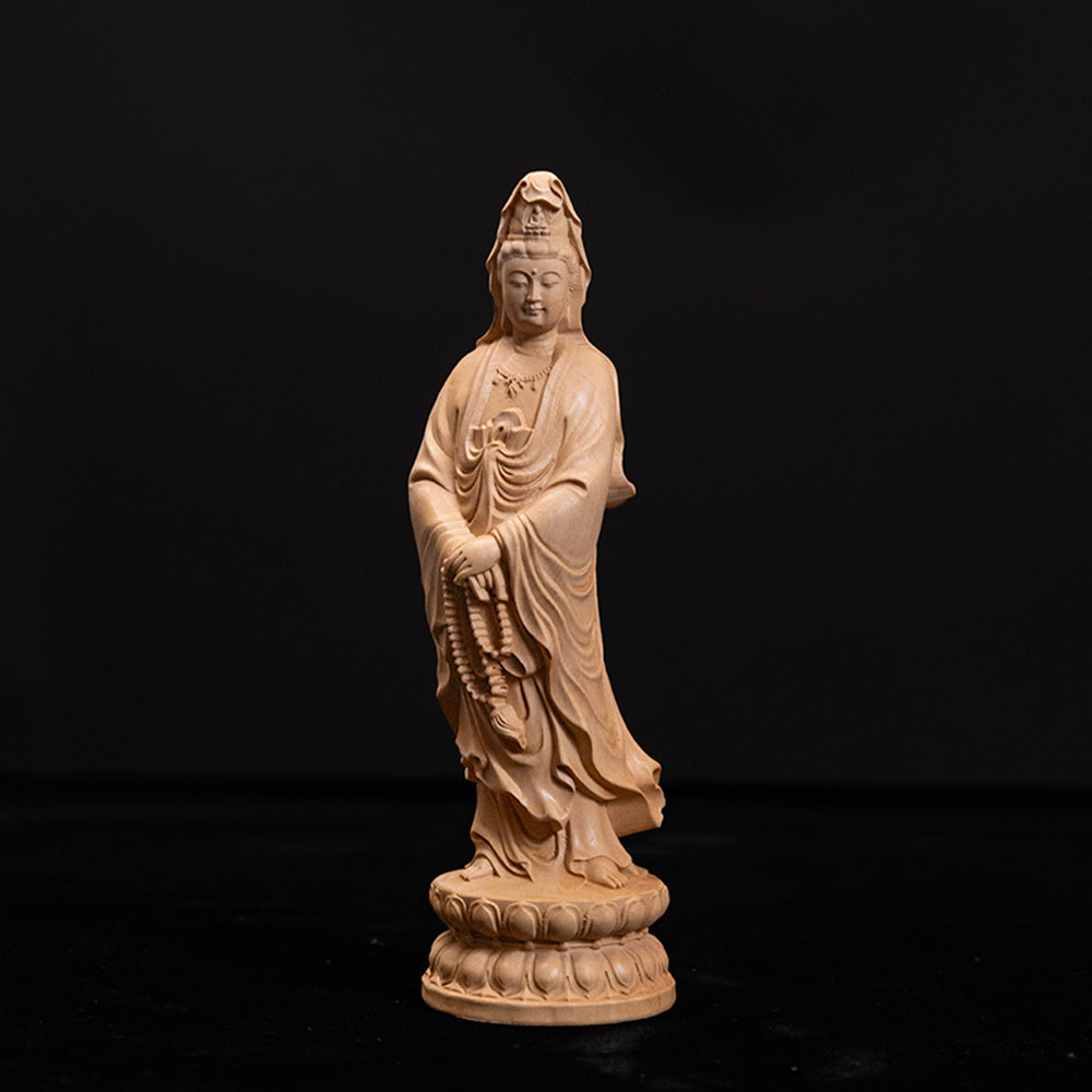 【総高16cm】観音菩薩 立像 木彫り 樹種：柘植 / 観音様 観音像 置物 縁起物 ※画像現品像の発送です