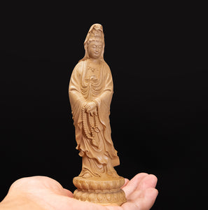 【総高16cm】観音菩薩 立像 木彫り 樹種：柘植 / 観音様 観音像 置物 縁起物 ※画像現品像の発送です
