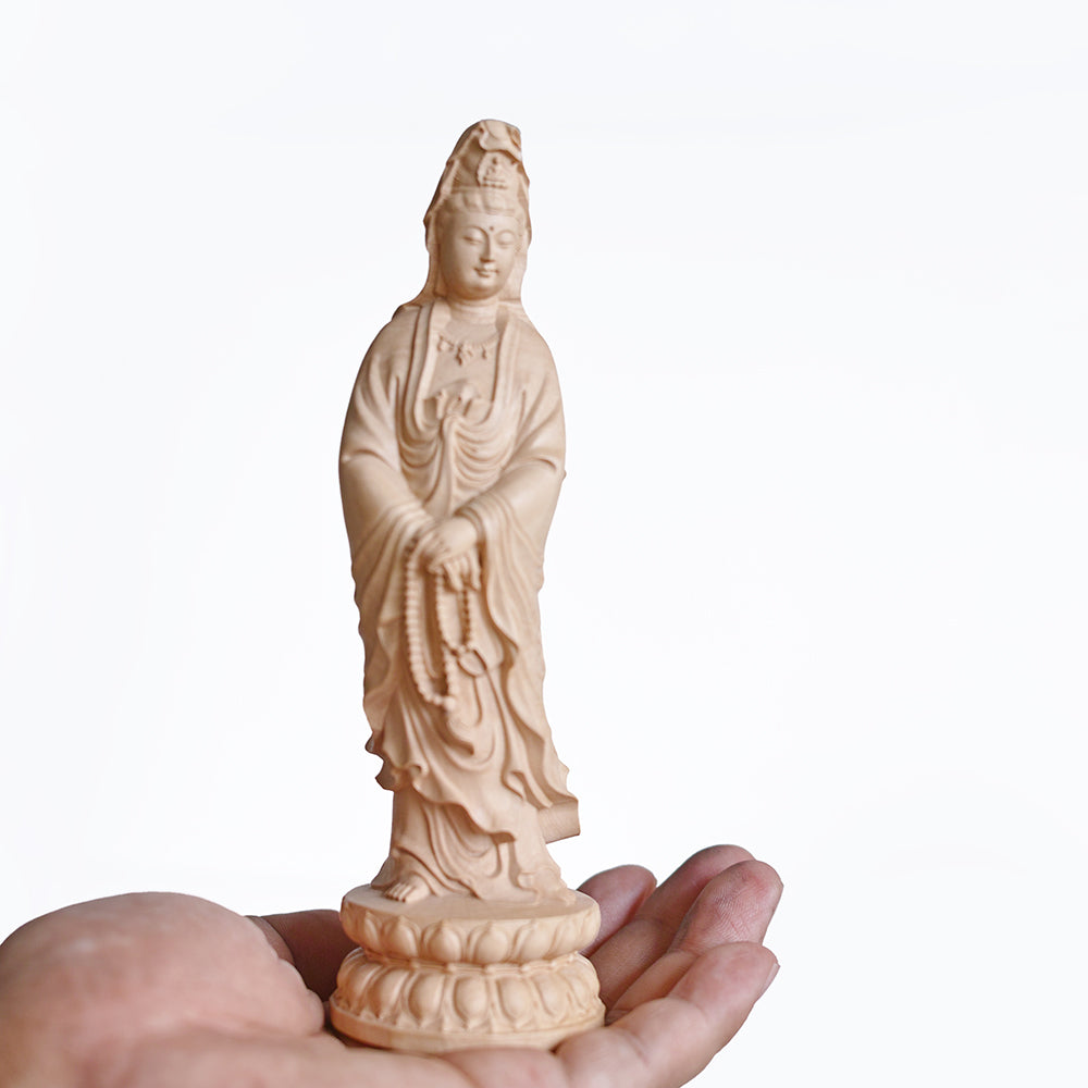 【総高16cm】観音菩薩 立像 木彫り 樹種：柘植 / 観音様 観音像 置物 縁起物 ※画像現品像の発送です