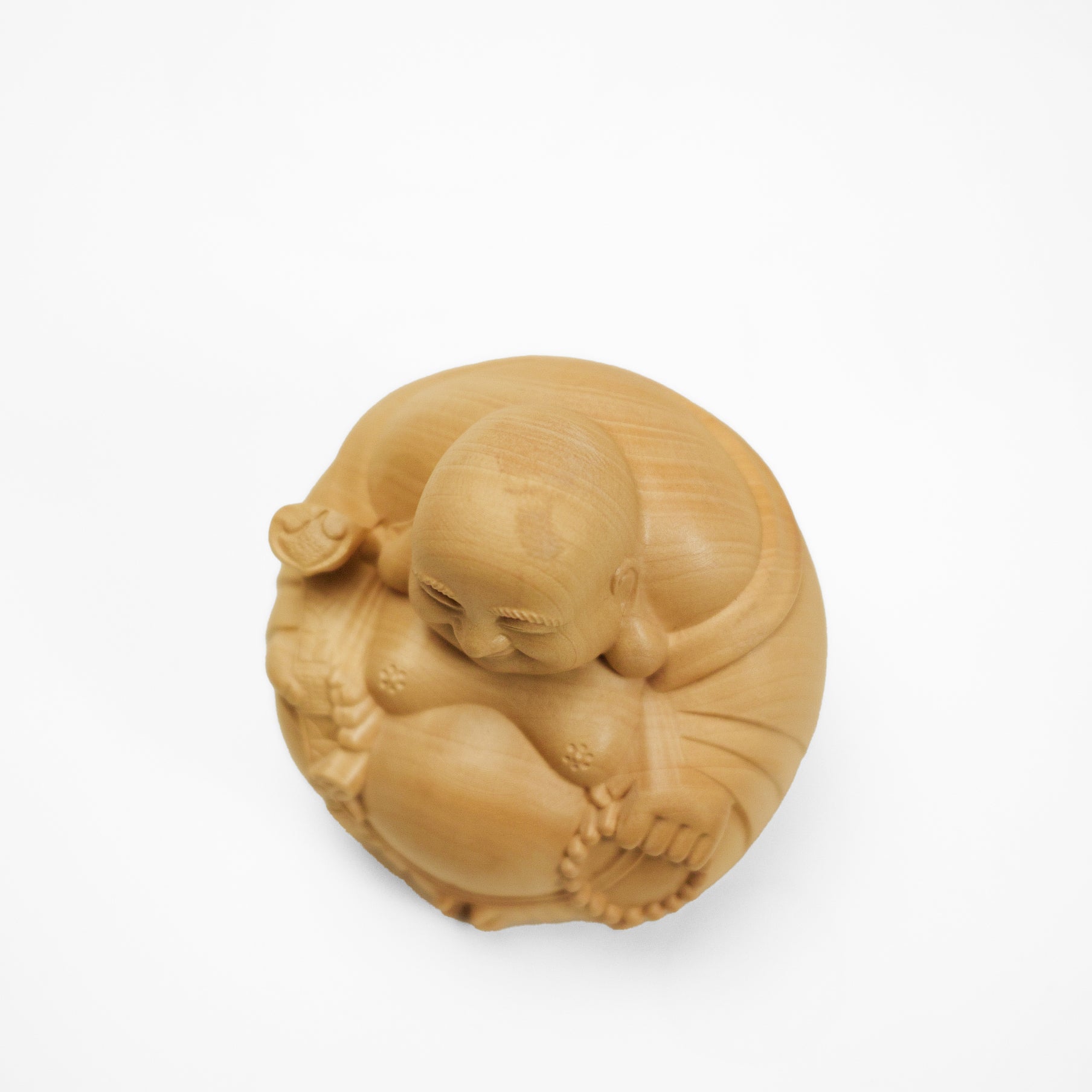 【総高7cm】木彫り 丸布袋  樹種：柘植 /  布袋様 置物 縁起物 ※画像現品像の発送です