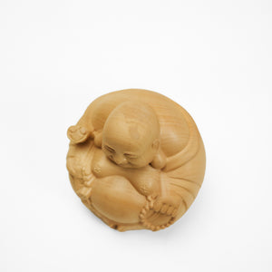 【総高7cm】木彫り 丸布袋  樹種：柘植 /  布袋様 置物 縁起物 ※画像現品像の発送です