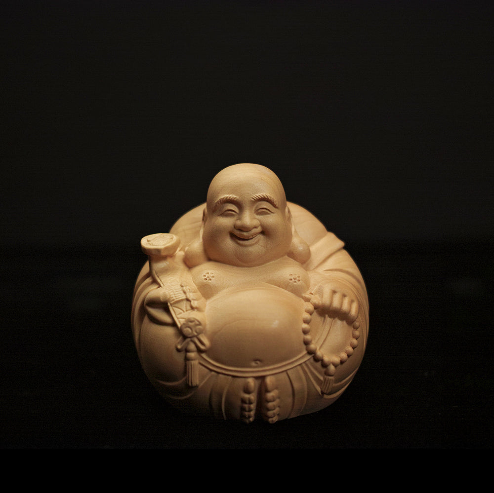 【総高7cm】木彫り 丸布袋  樹種：柘植 /  布袋様 置物 縁起物 ※画像現品像の発送です