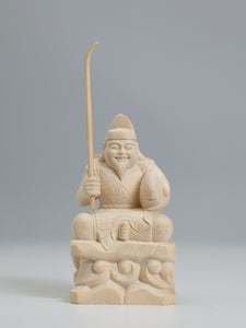 根付 恵比寿様 彫刻 オブジェ 縁起物 天然素材 竿を含む総高13cm】恵比寿様 座像 木彫り 樹種：ひのき / えべっさん
