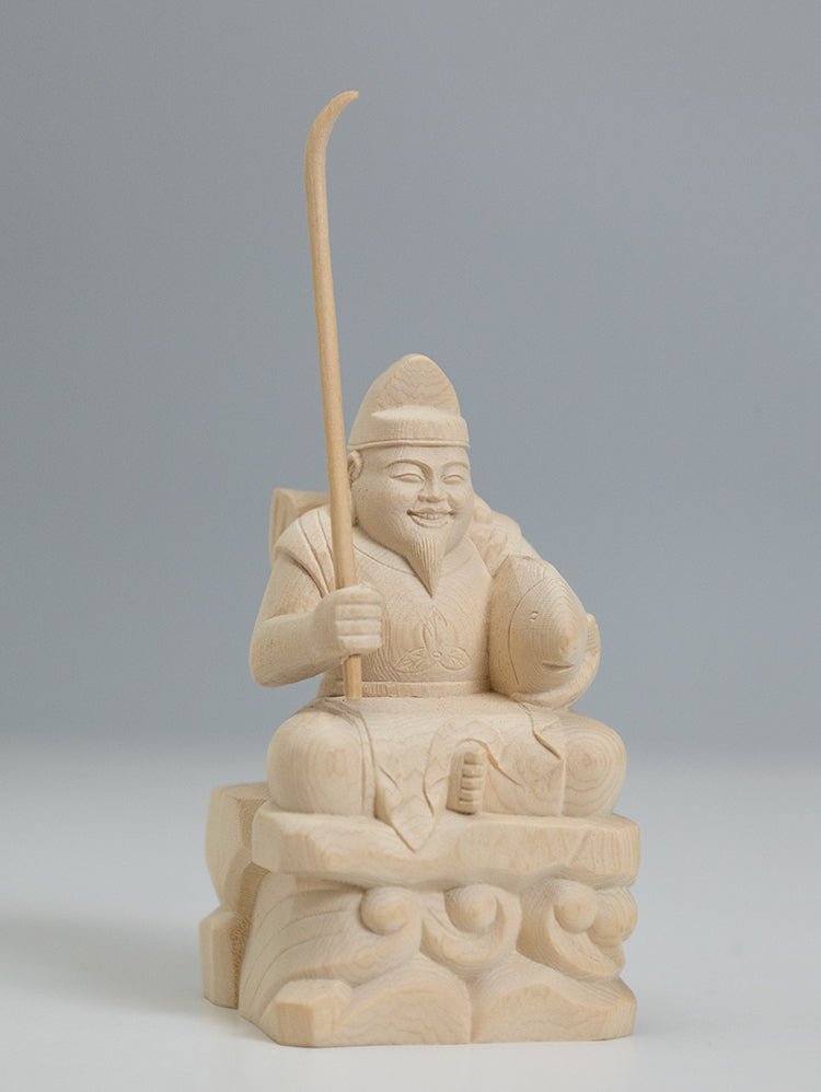 竿を含む総高13cm】恵比寿様 座像 木彫り 樹種：ひのき / えべっさん