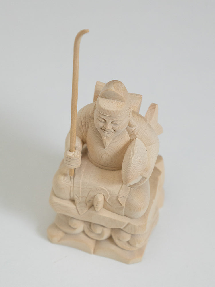 竿を含む総高13cm】恵比寿様 座像 木彫り 樹種：ひのき / えべっさん
