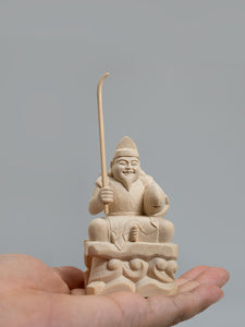 竿を含む総高13cm】恵比寿様 座像 木彫り 樹種：ひのき / えべっさん